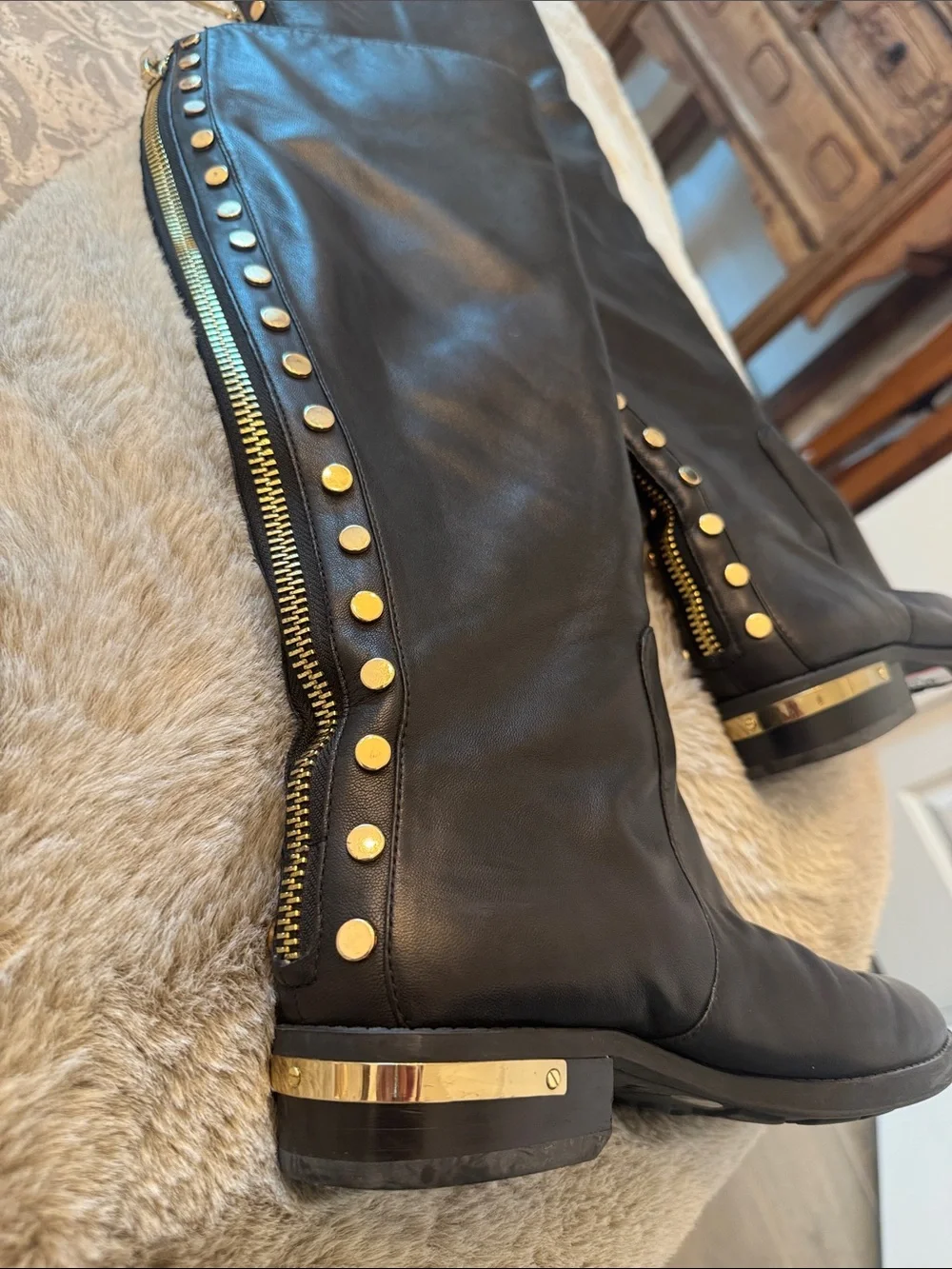Vince Camuto Black leather boots with gold studs  Women's Parshell...